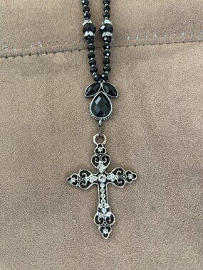 Black Beaded Cross Necklace (16.5")